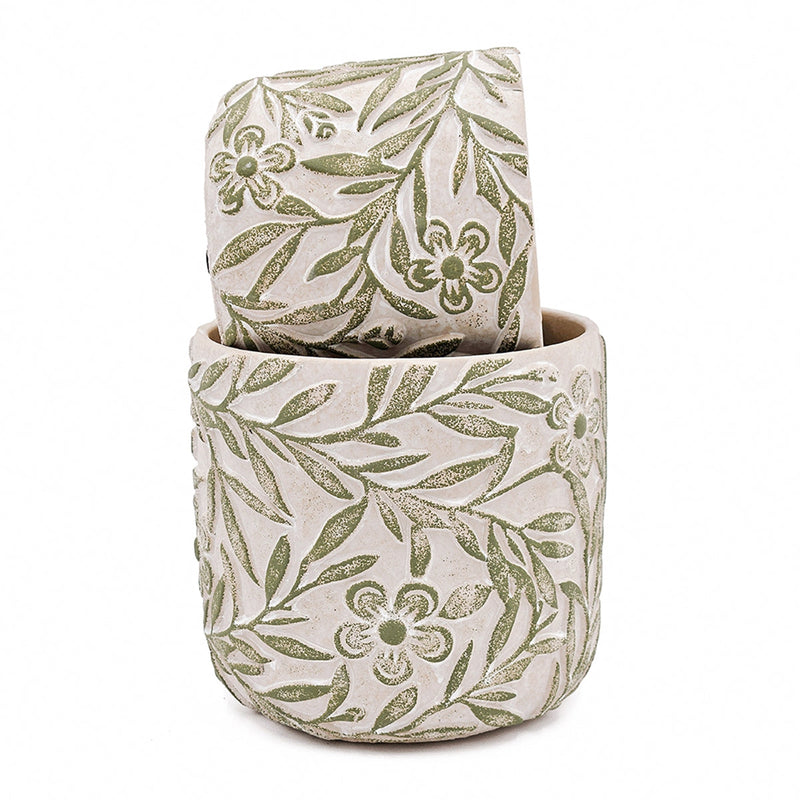 Set of 2 Garden Pots & Planters with Etched Floral Motif - Green & Gray, photo 4 of 10