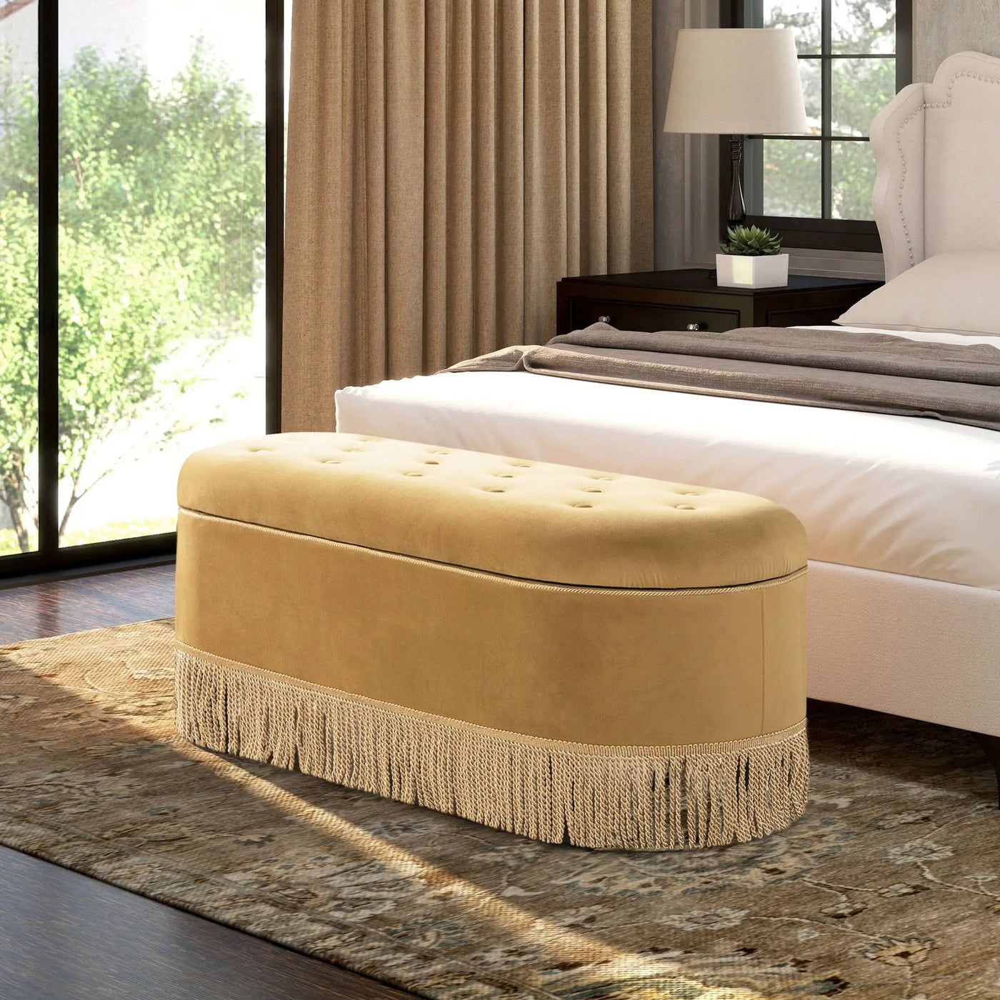 Melinda - Oval Tufted Bullion Fringe Storage Bench by HouseOfZazla