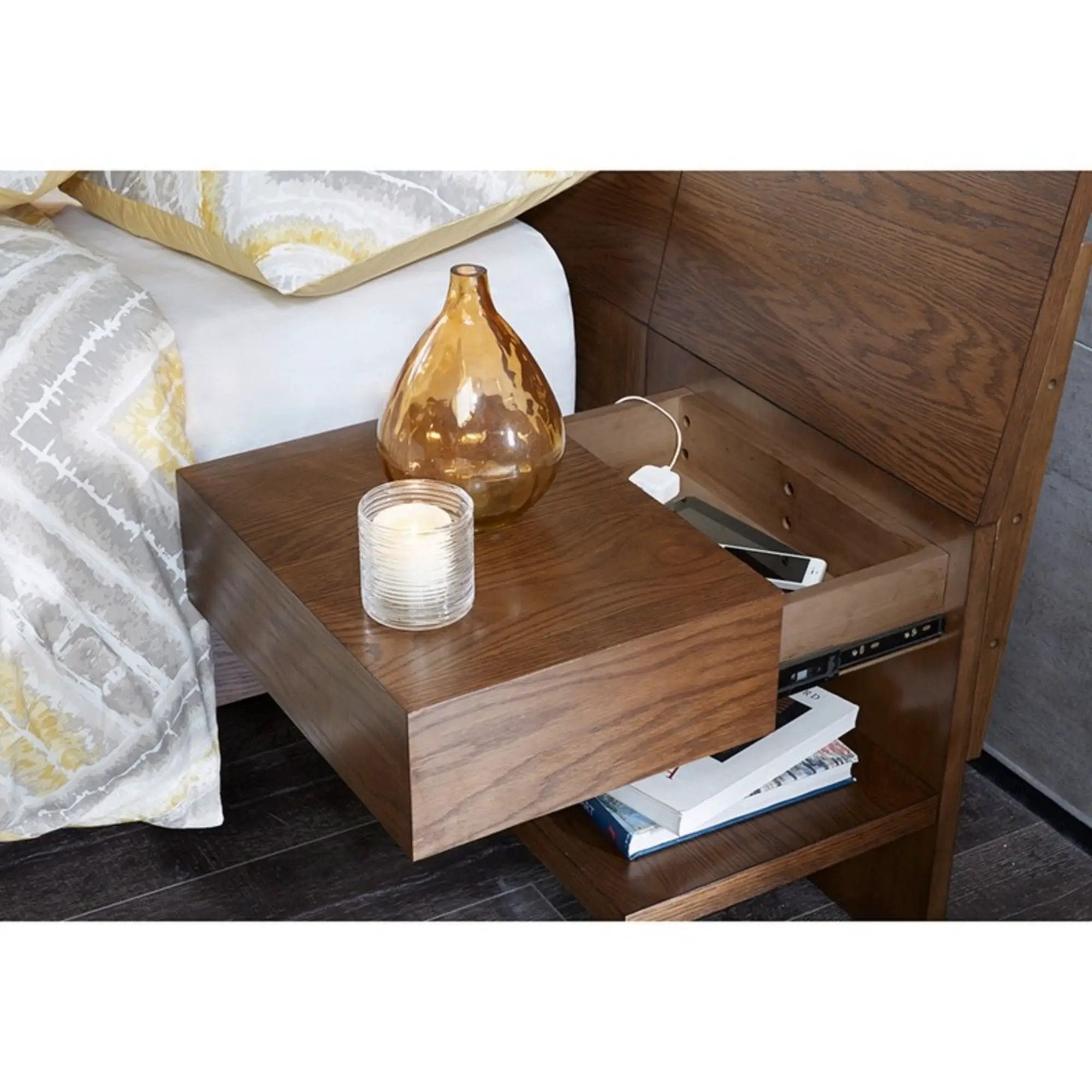 Queen Size Bed With Attached Nightstands And Hidden Storage - Pecan by HouseOfZazla