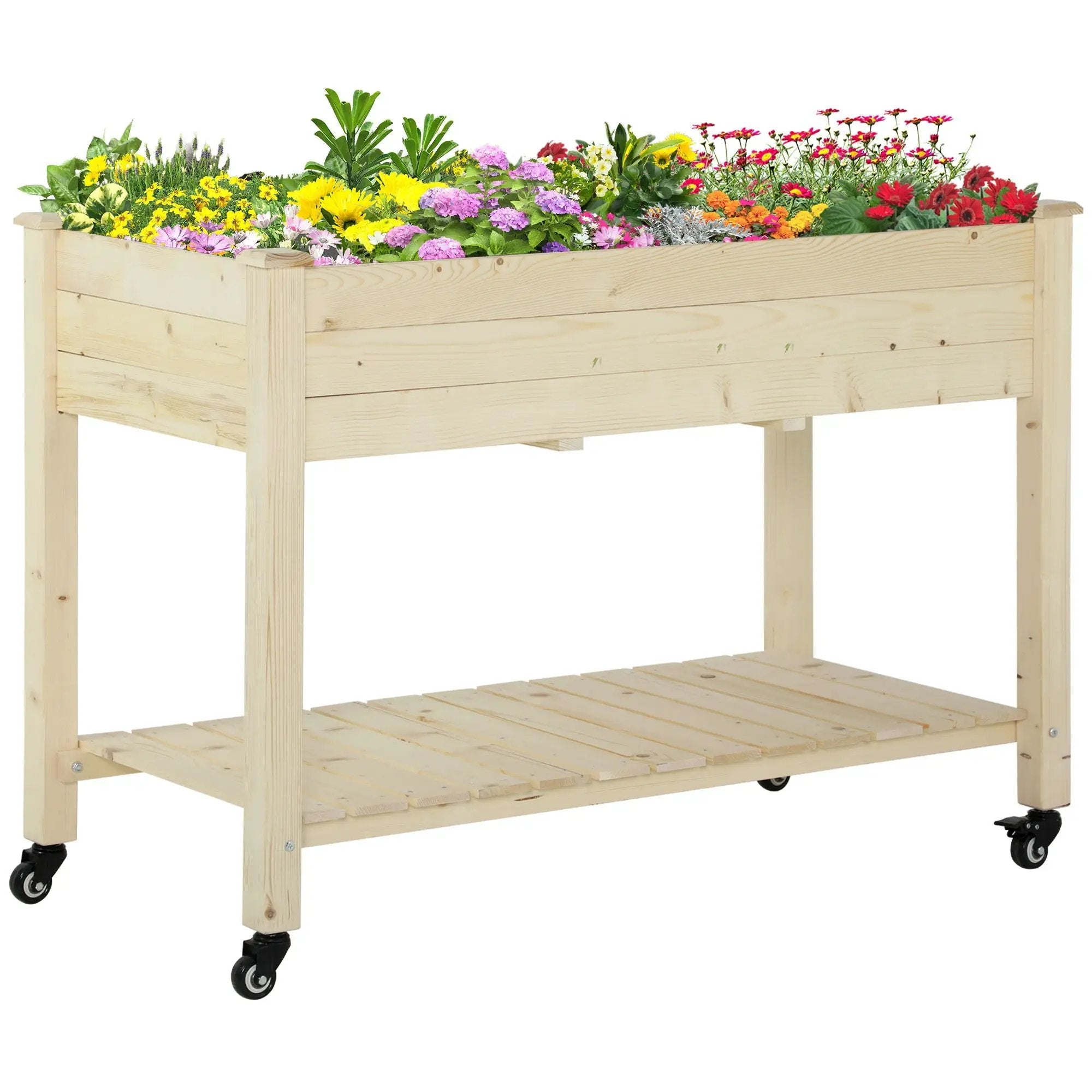 Outsunny - Raised Garden Bed, 47" x 22" x 33", Elevated Wooden Planter Box With Lockable Wheels, Storage Shelf, And Bed Liner For Backyard, Patio - Natural by HouseOfZazla