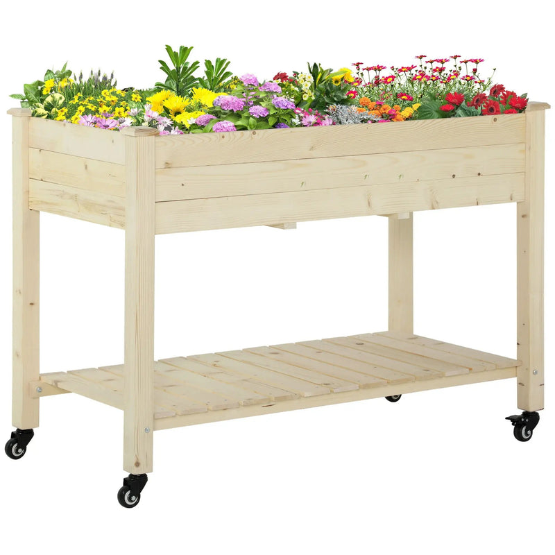 Outsunny - Raised Garden Bed, 47" x 22" x 33", Elevated Wooden Planter Box With Lockable Wheels, Storage Shelf, And Bed Liner For Backyard, Patio - Natural by HouseOfZazla