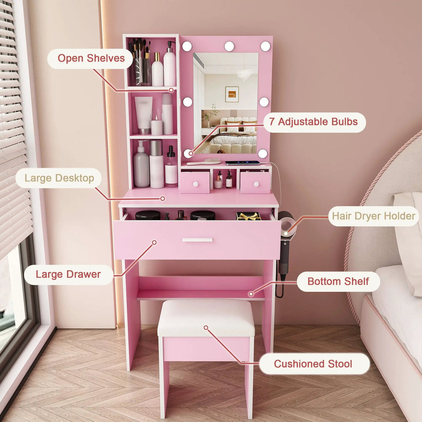 Vanity Table With Mirror, Adjustable LED Lights, Power Outlet, Hairdryer Holder & Stool by Unique Piece Furniture