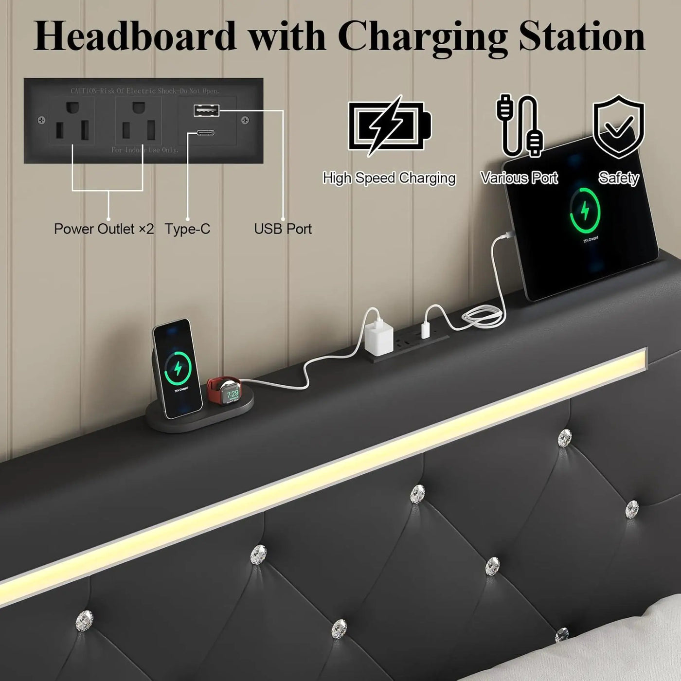 Upholstered Bed Frame With LED Lights, 4 Storage Drawers, Charging Station by HouseOfZazla
