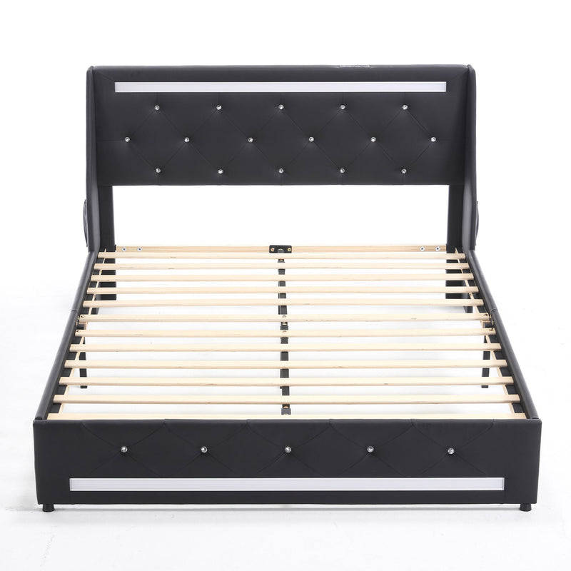 Wingback Upholstered Bed Frame With LED Lights, Charging Station by HouseOfZazla