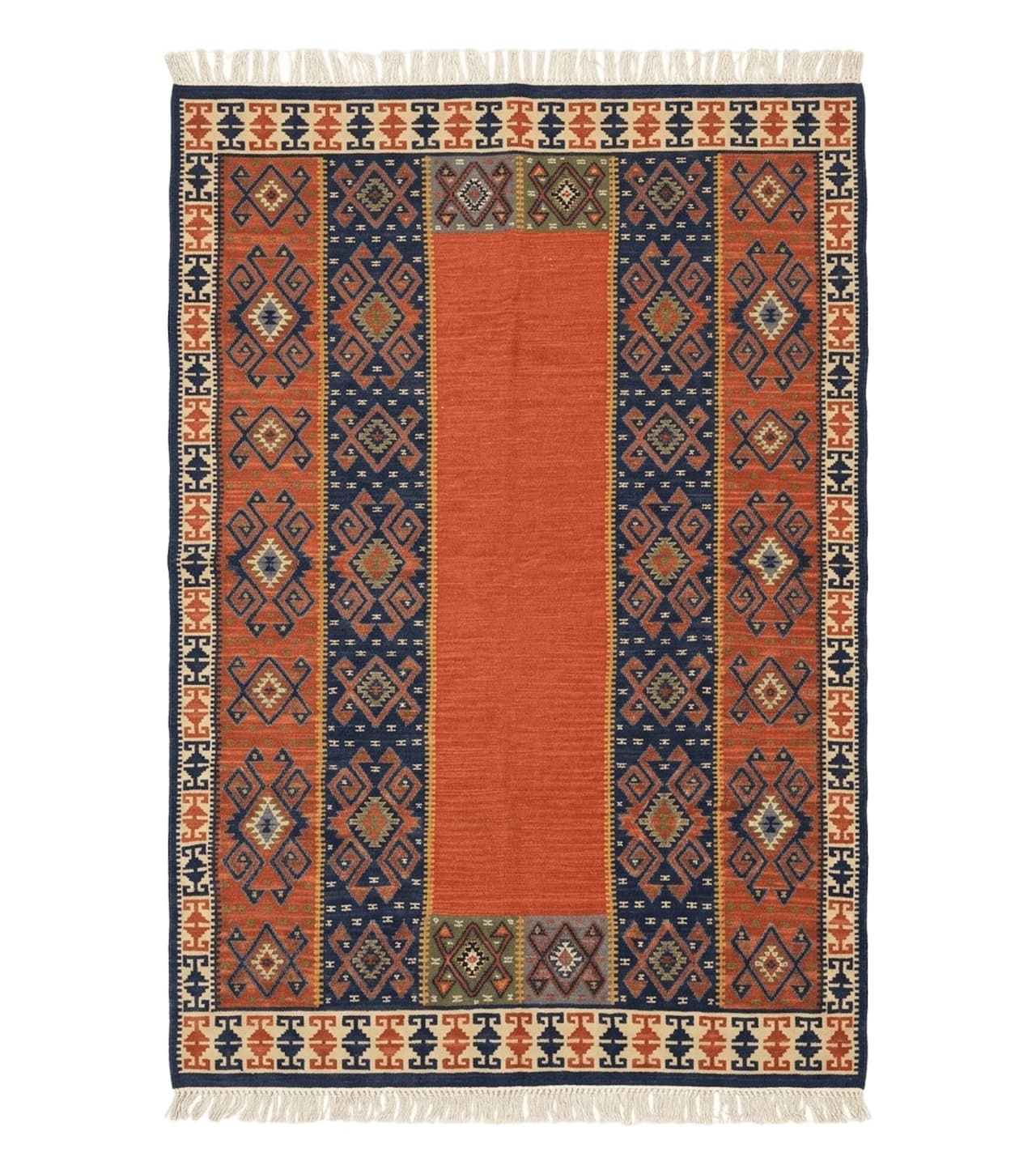Turkish Kilim Rug 5x8, Flatweave Carpet, Handmade Bohemian Rug, Terracotta and Navy Blue by Jewel Rugs
