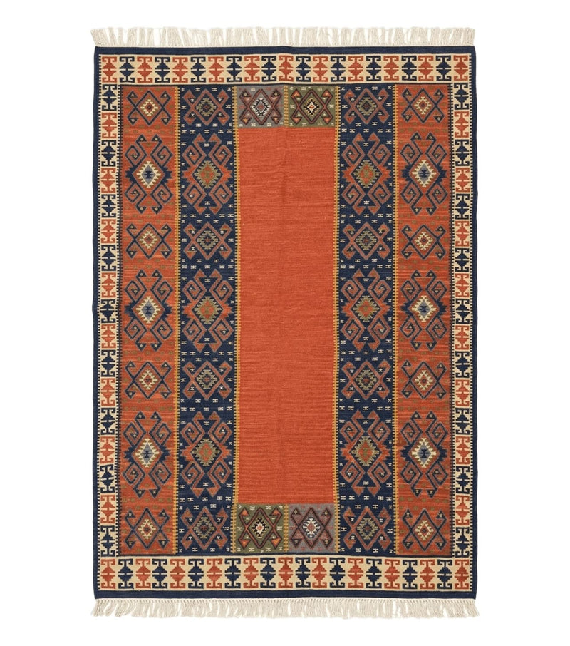 Turkish Kilim Rug 5x8, Flatweave Carpet, Handmade Bohemian Rug, Terracotta and Navy Blue by Jewel Rugs