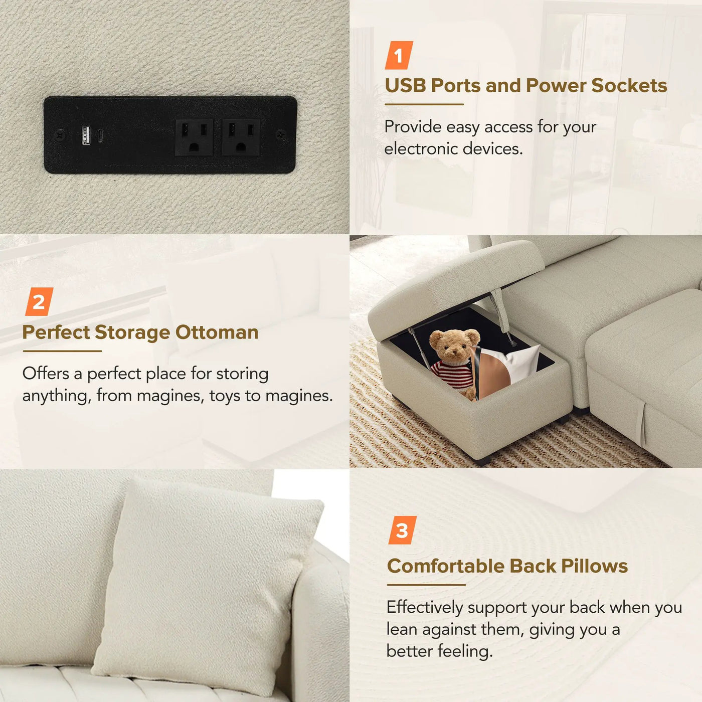 L-Shaped Sectional Pull Out Sofa Bed Sleeper Sofa With Two USB Ports, Two Power Sockets And A Movable Storage Ottoman by Unique Piece Furniture
