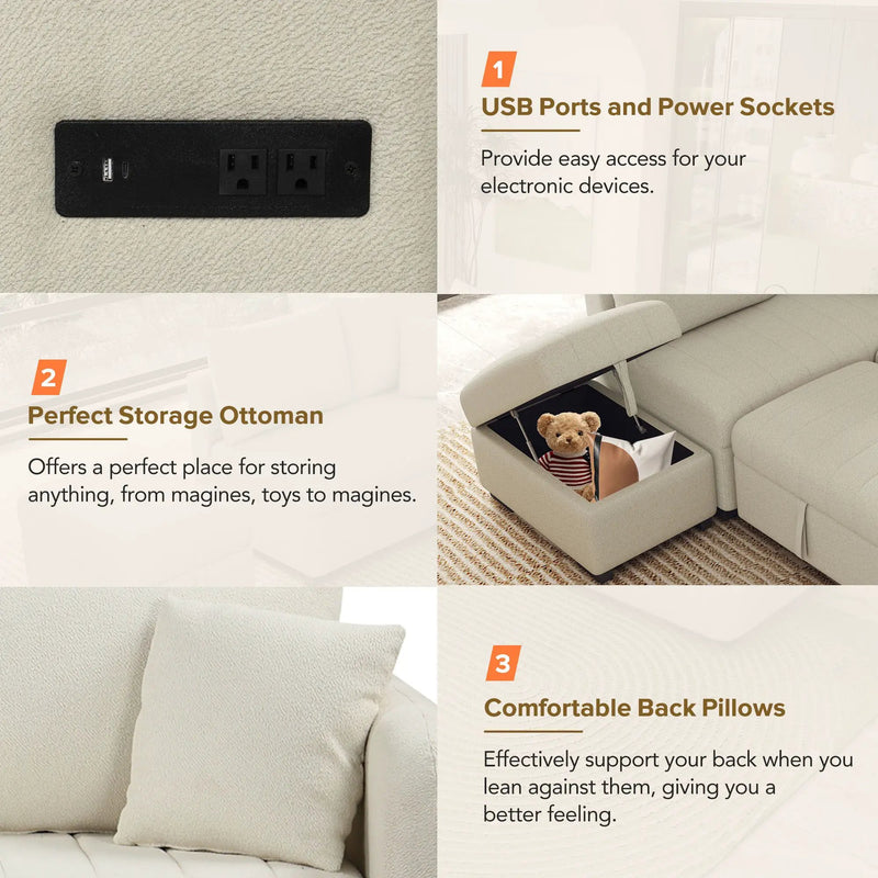 L-Shaped Sectional Pull Out Sofa Bed Sleeper Sofa With Two USB Ports, Two Power Sockets And A Movable Storage Ottoman by Unique Piece Furniture