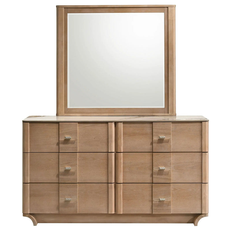 Leanne 6-drawer Sinter Stone Top Dresser and Mirror Light Oak by Unique Piece Furniture