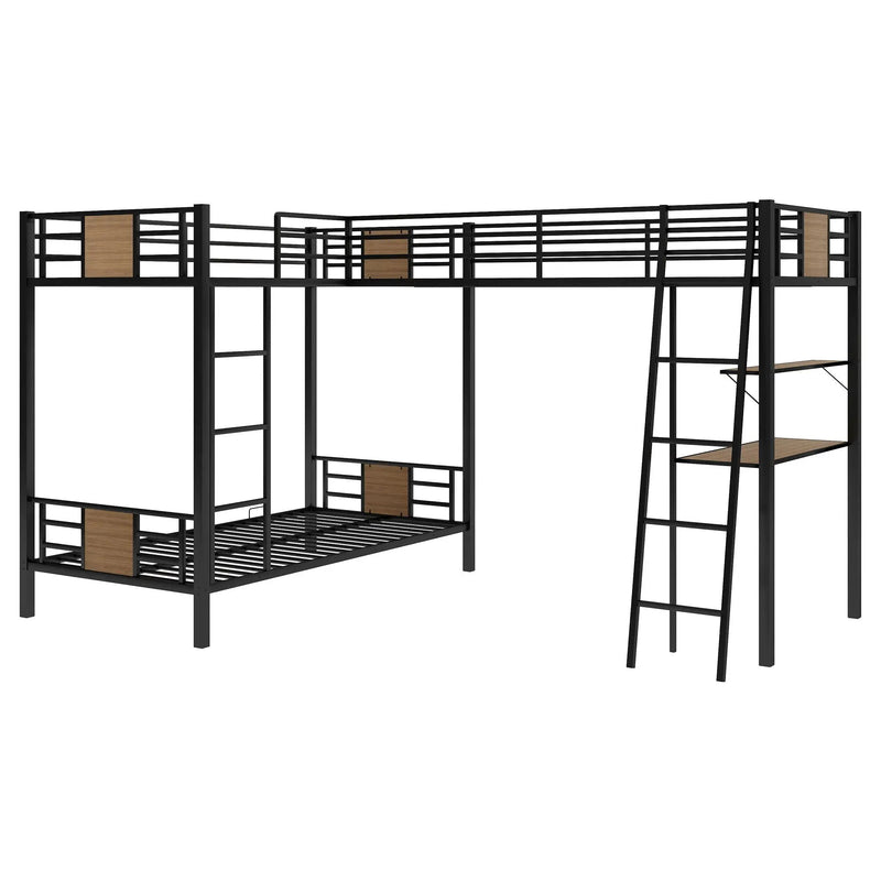 L-Shaped Twin Over Twin Bunk Bed With Twin Size Loft Bed With Desk And Shelf - Brown by Unique Piece Furniture