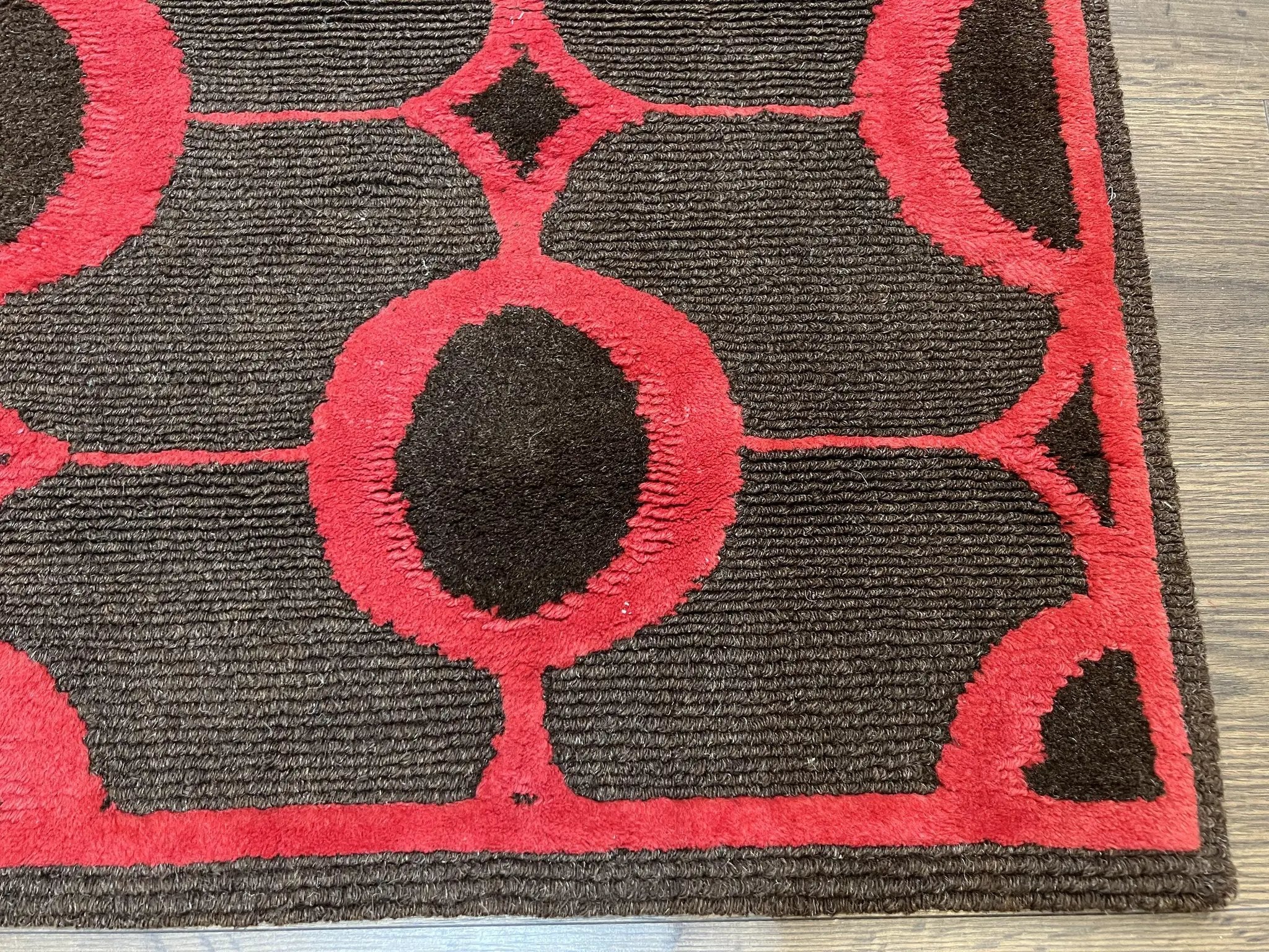 Modern Tibetan Rug 3.8 x 5.7, Raspberry Red and Dark Brown, Abstract Circle Design, Hand Knotted, Soft Wool Handmade Tibet Nepali Carpet 4x6 by Jewel Rugs