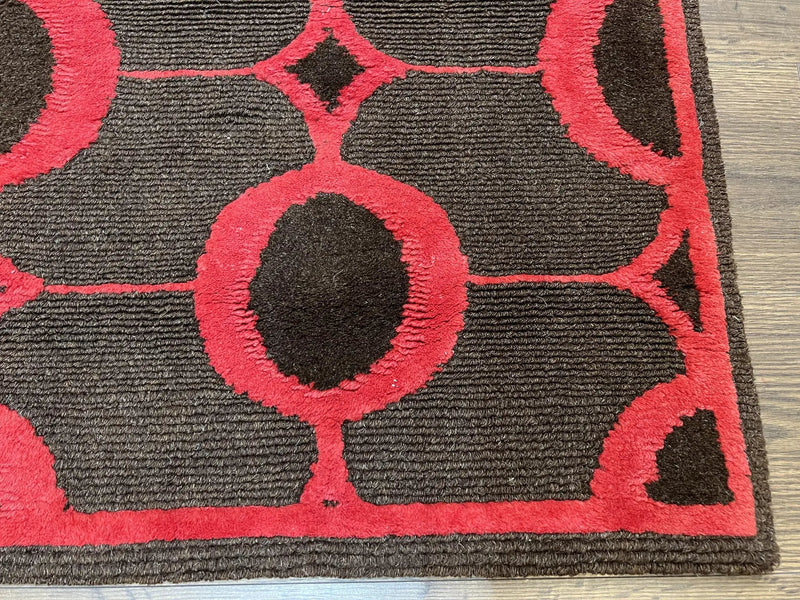 Modern Tibetan Rug 3.8 x 5.7, Raspberry Red and Dark Brown, Abstract Circle Design, Hand Knotted, Soft Wool Handmade Tibet Nepali Carpet 4x6 by Jewel Rugs