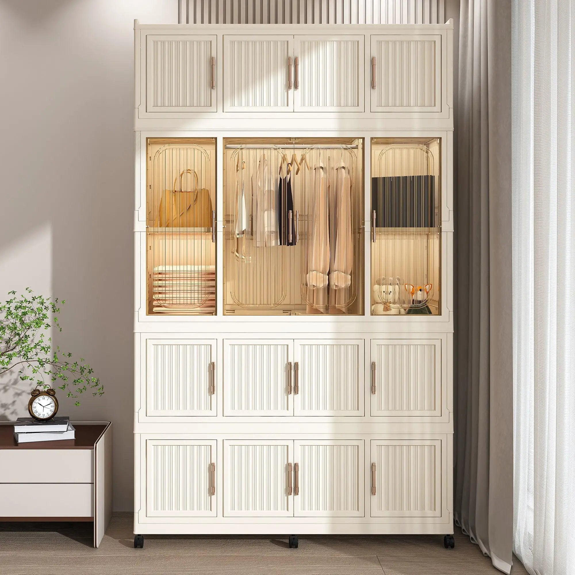 Portable Wardrobe Closet Storage Organizer With 17 Magnetic Doors, 17 Cubes, Hanging Rod & 6 Hangers - Creamy White by Unique Piece Furniture