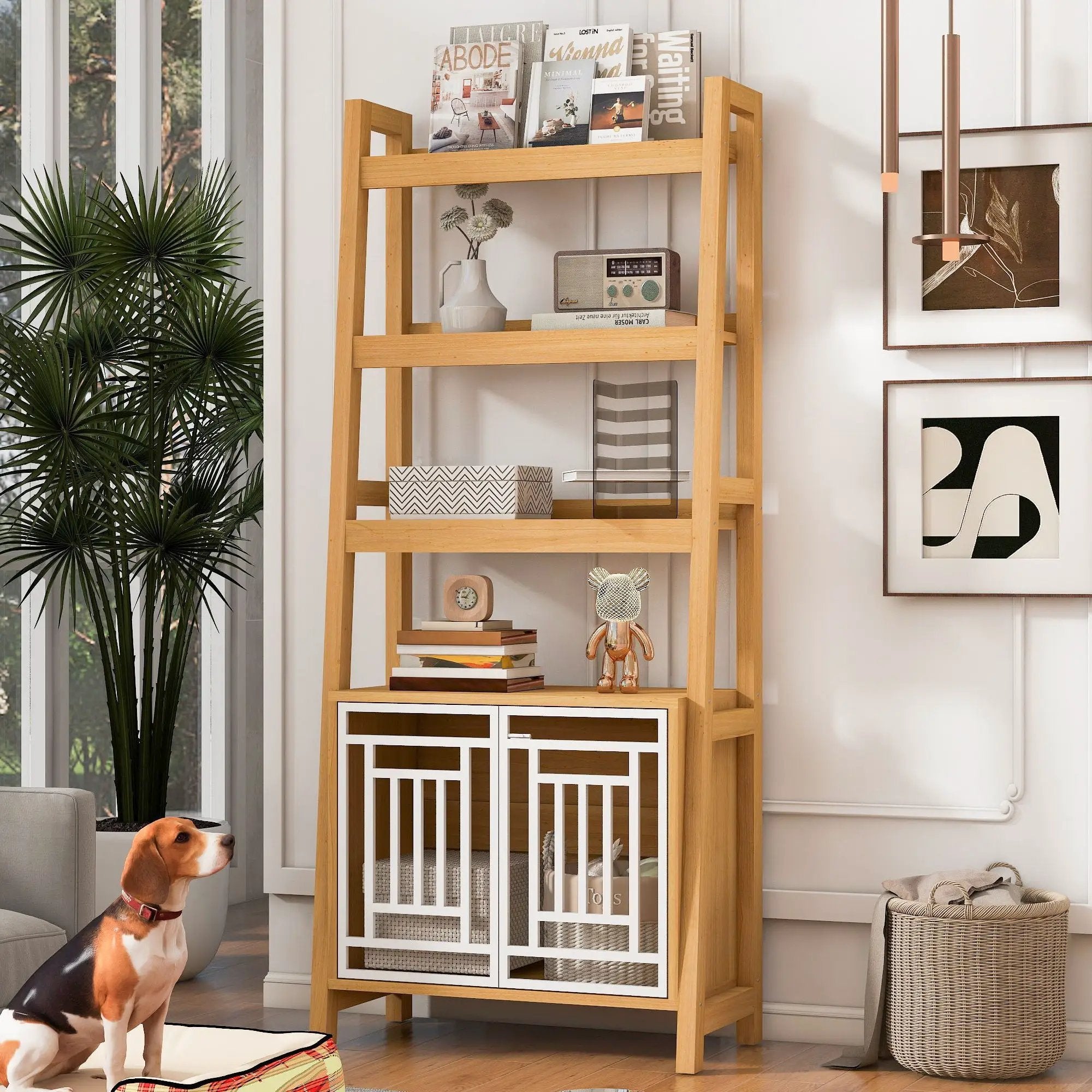 Modern Furniture Style 2 In 1 Pet Friendly Dog Crate Ladder Bookcase - Ancient Oak by HouseOfZazla