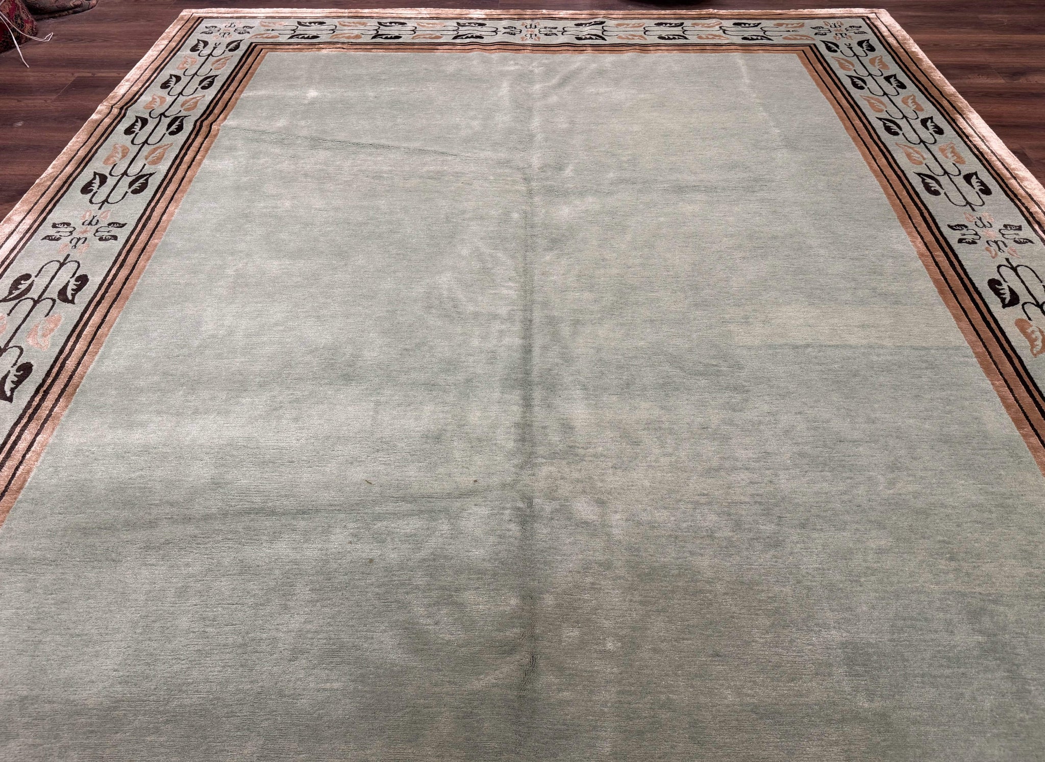 Palace Size Nepali Rug 9x18, Open Field, Light Mint Green, Wool Hand Knotted, Modern Contemporary by Jewel Rugs