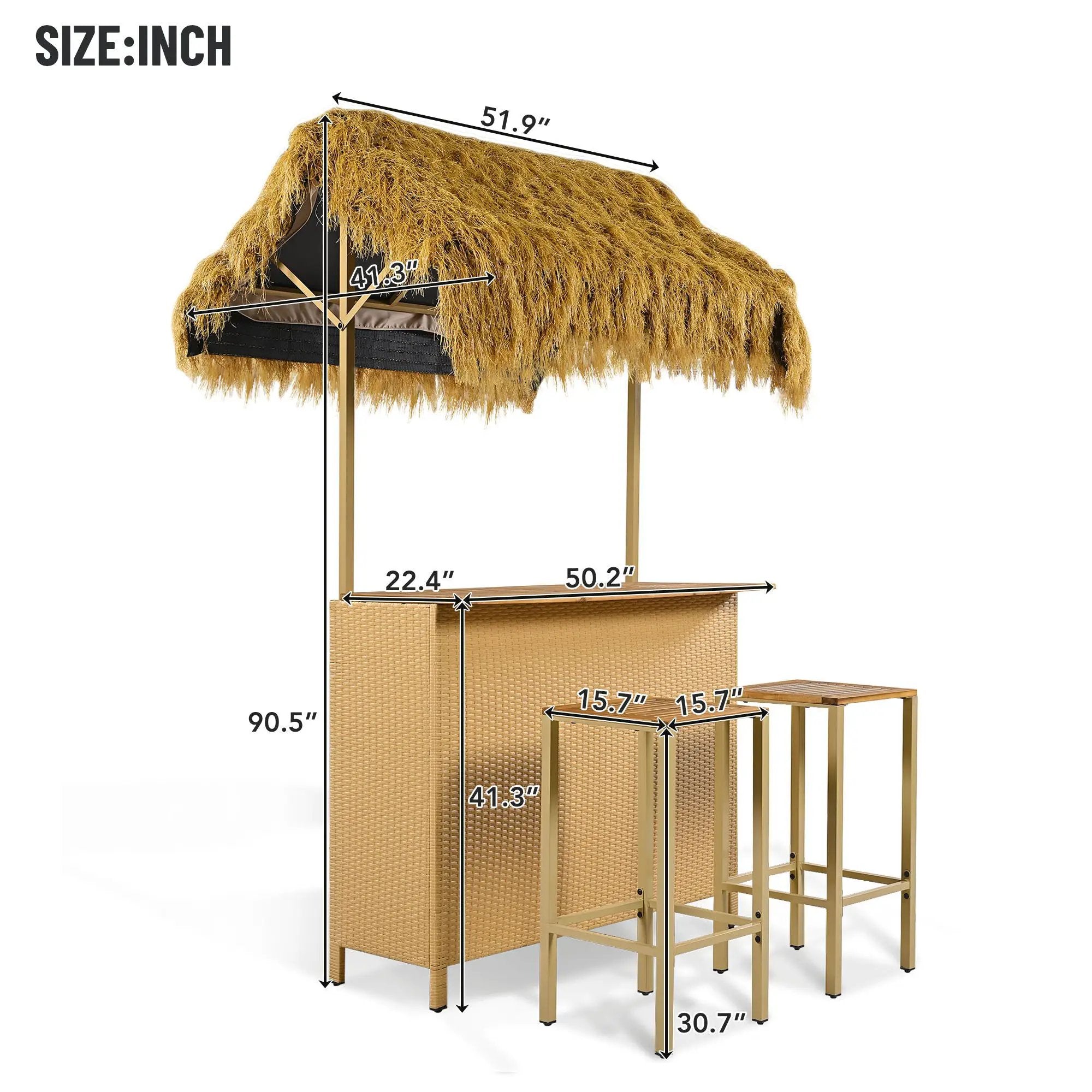 Hawaiian-Style Bar Height Patio Set With PE Grass Canopy, Outdoor Bar Table And Stools With Adjustable Feet, Acacia Wood Top, For Dining And Drinking - Natural by Unique Piece Furniture