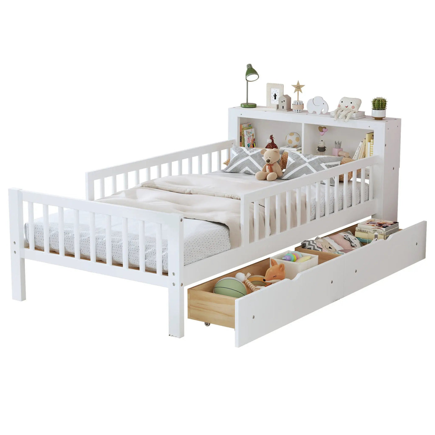 Bed With Headboard Storage Rack, 2 Under Bed Drawers, 3 Side Guardrails For Safety by HouseOfZazla