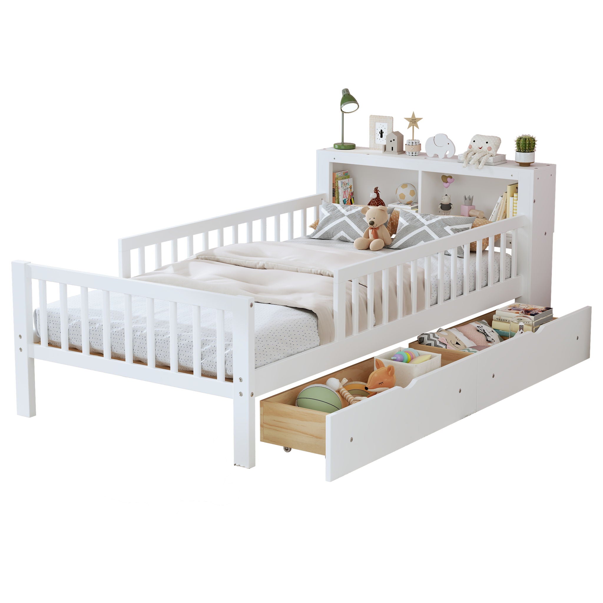 Bed With Headboard Storage Rack, 2 Under Bed Drawers, 3 Side Guardrails For Safety by HouseOfZazla