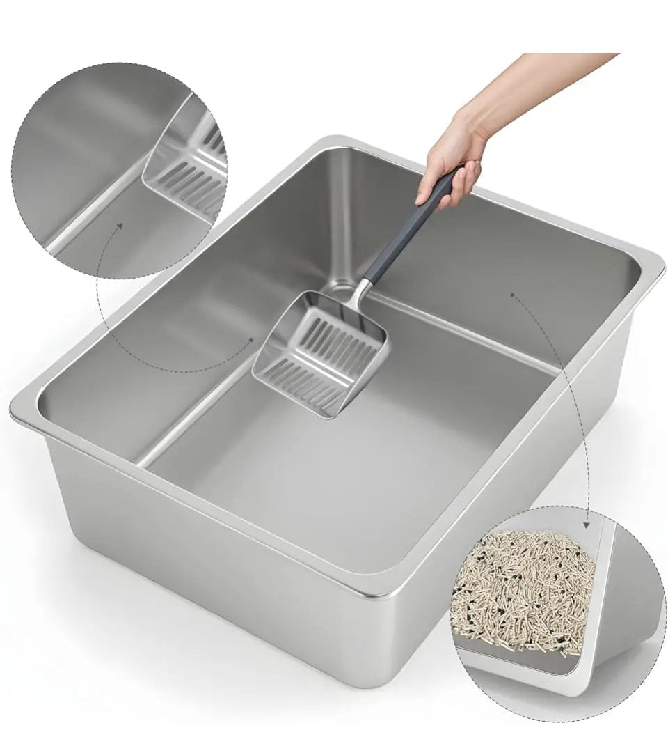 Open Box Kirecoo Stainless Steel Cat Litter Box XL- Metal High Sided Cat Pan, Large Stainless Steel Box, Indoor Litter Tray, Non Stick, No Smell, Easy by Selzalot