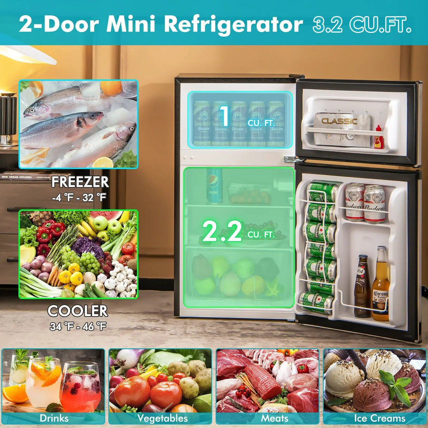 3.2 Cu. Ft Compact Mini Fridge with 5 Temperature Settings by DirectDeals