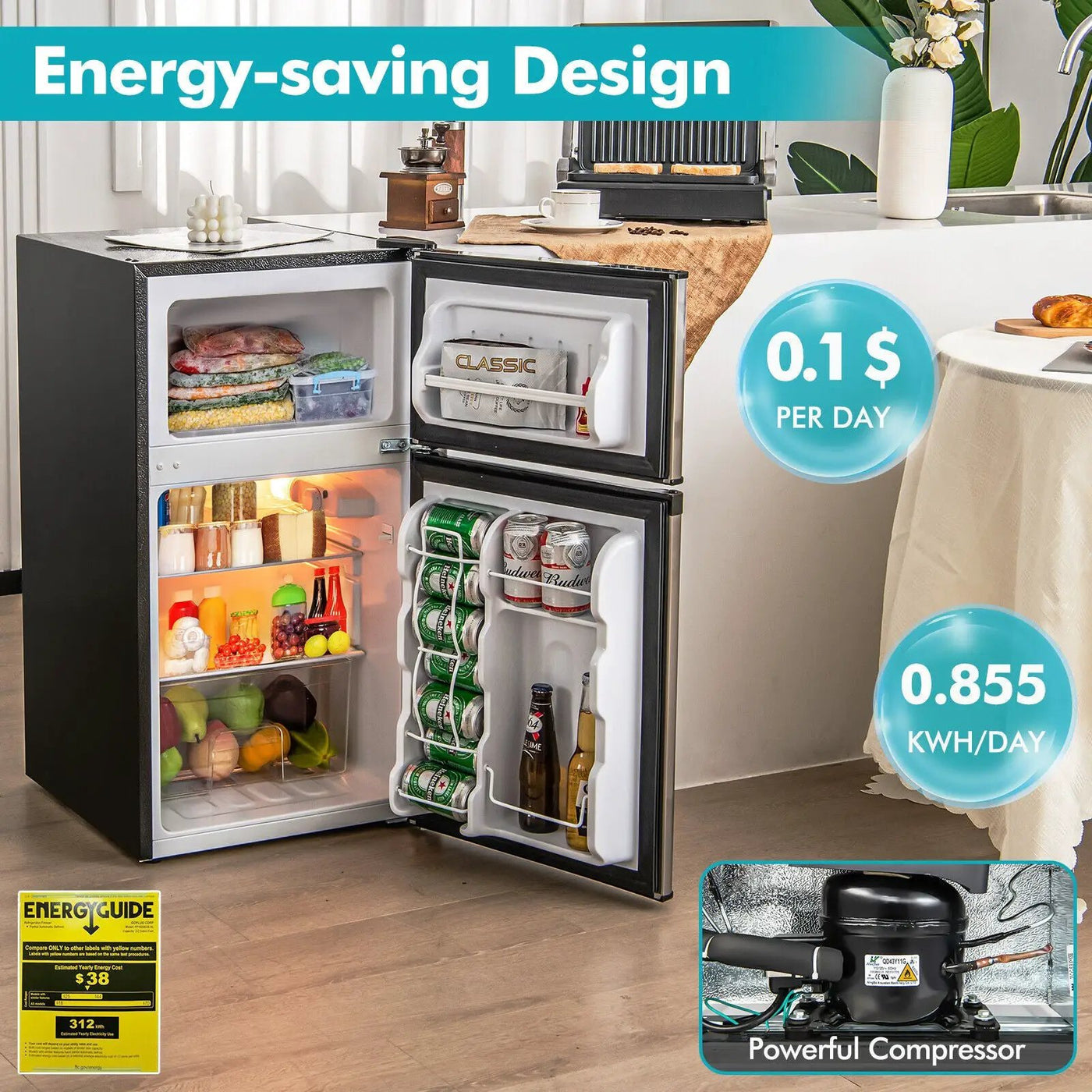 3.2 Cu. Ft Compact Mini Fridge with 5 Temperature Settings by DirectDeals