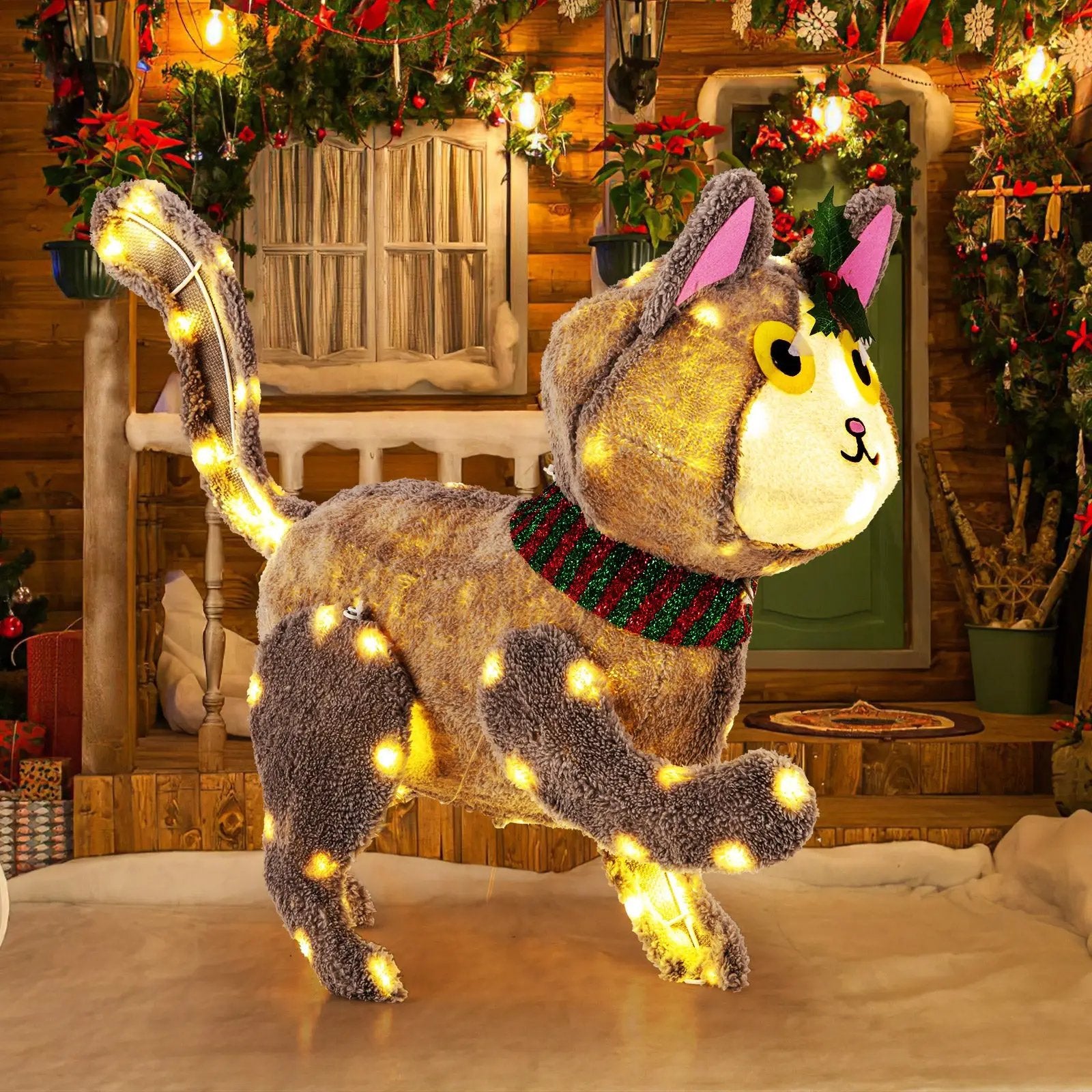 Pre-lit 88 LED Light Up 3D Cute Cat with Warm White Light and Plug by DirectDeals