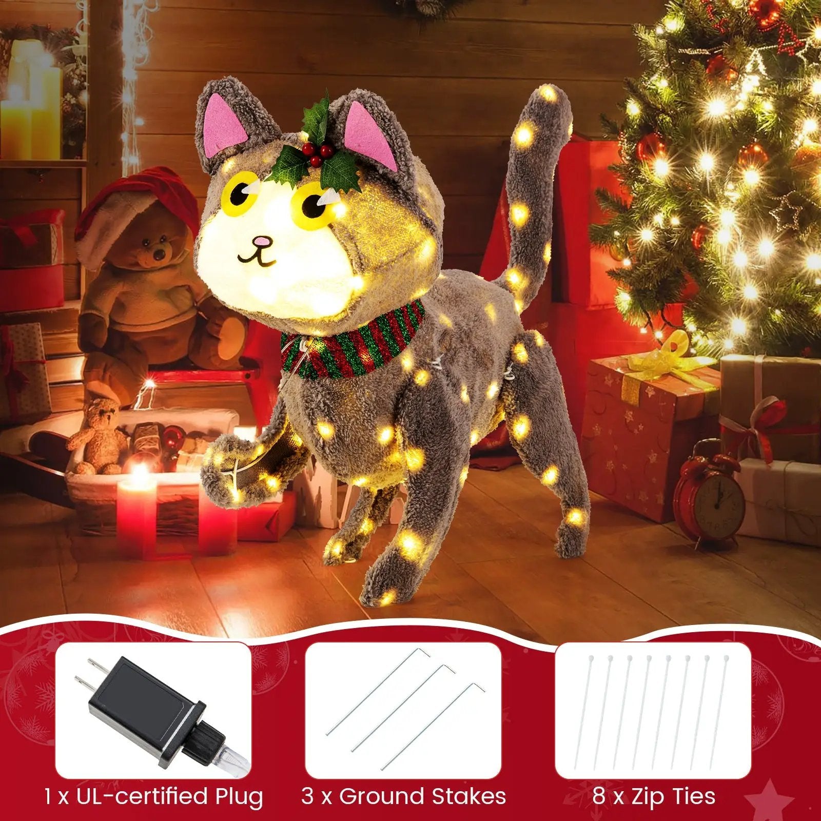 Pre-lit 88 LED Light Up 3D Cute Cat with Warm White Light and Plug by DirectDeals