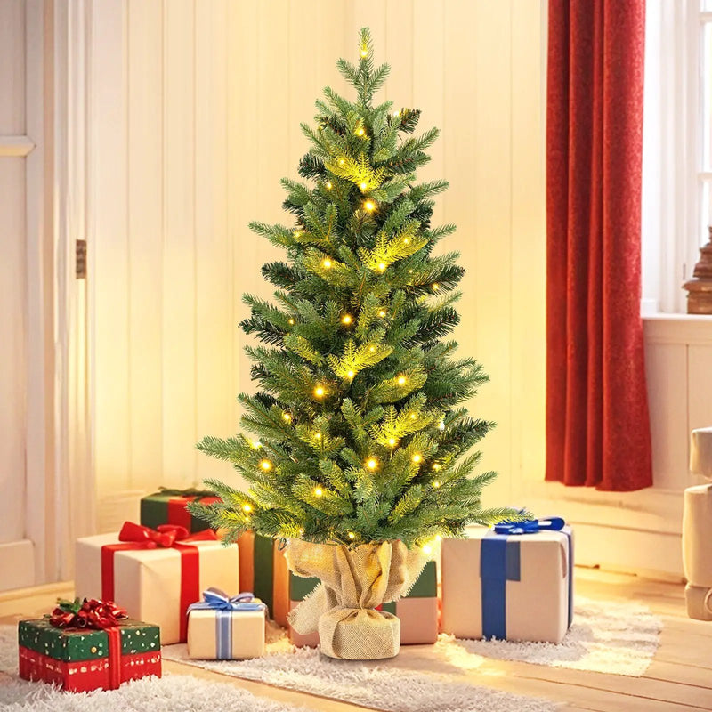 3 Feet Mini Pre-Lit Artificial Christmas Tree Tabletop Xmas Tree with Burlap Base by DirectDeals
