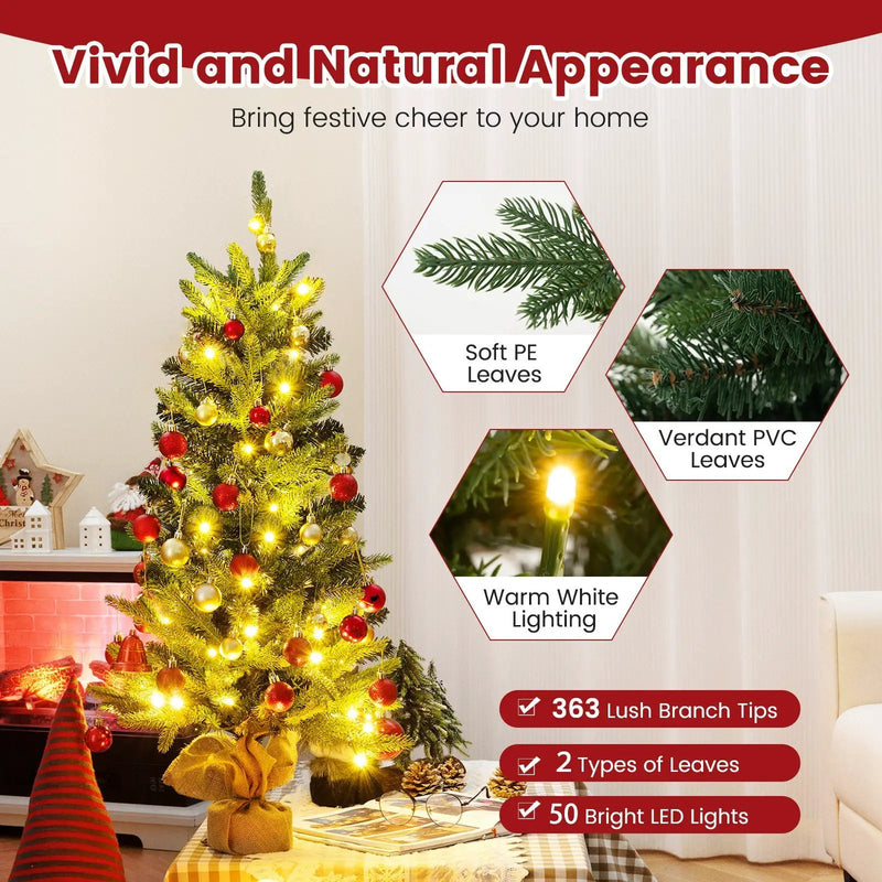 3 Feet Mini Pre-Lit Artificial Christmas Tree Tabletop Xmas Tree with Burlap Base by DirectDeals