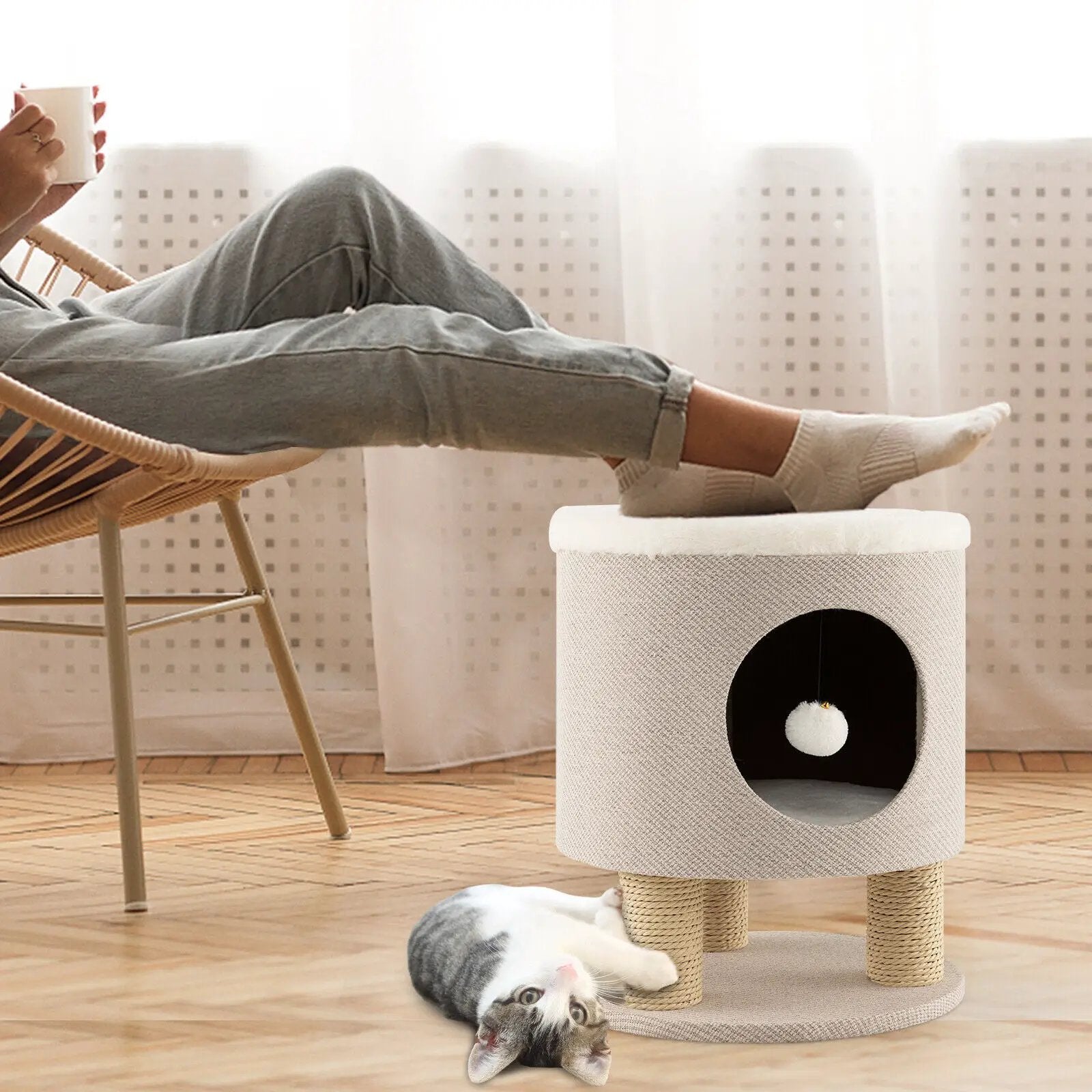 3-in-1 Cat Condo Stool Kitty Bed with Scratching Posts and Plush Ball Toy by DirectDeals