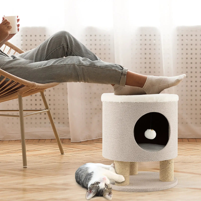 3-in-1 Cat Condo Stool Kitty Bed with Scratching Posts and Plush Ball Toy by DirectDeals