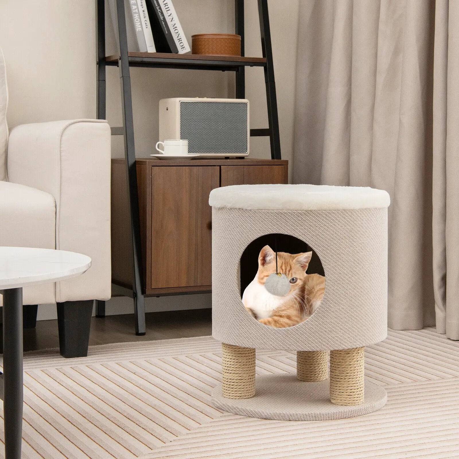 3-in-1 Cat Condo Stool Kitty Bed with Scratching Posts and Plush Ball Toy by DirectDeals