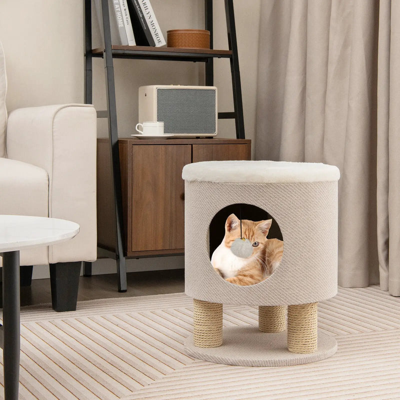 3-in-1 Cat Condo Stool Kitty Bed with Scratching Posts and Plush Ball Toy by DirectDeals