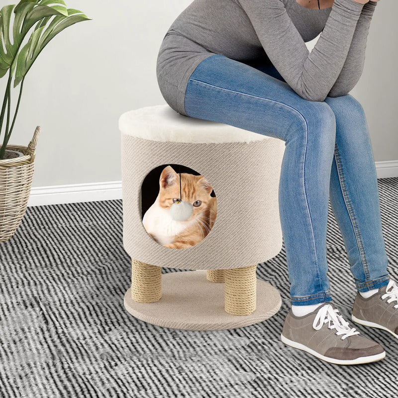 3-in-1 Cat Condo Stool Kitty Bed with Scratching Posts and Plush Ball Toy by DirectDeals