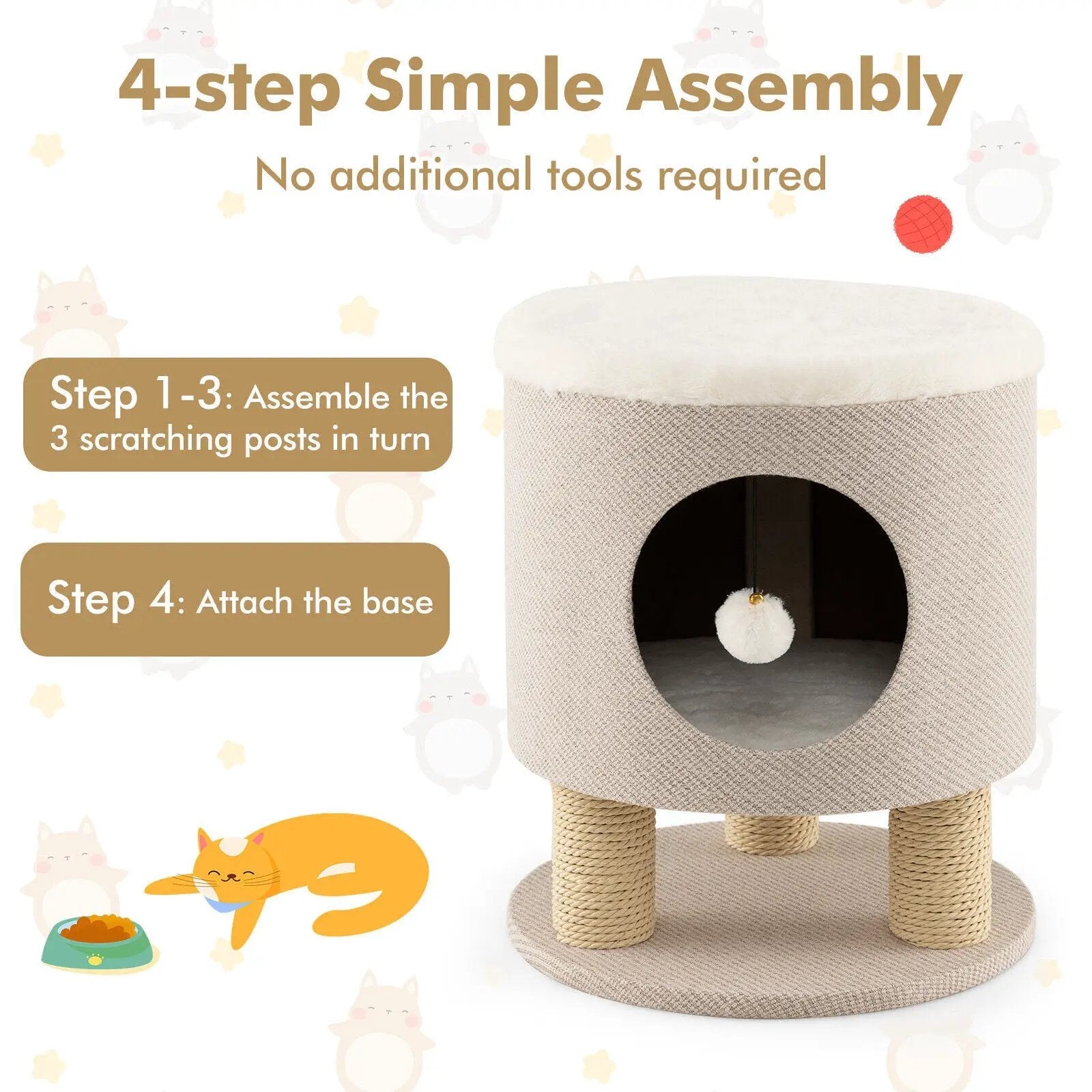 3-in-1 Cat Condo Stool Kitty Bed with Scratching Posts and Plush Ball Toy by DirectDeals