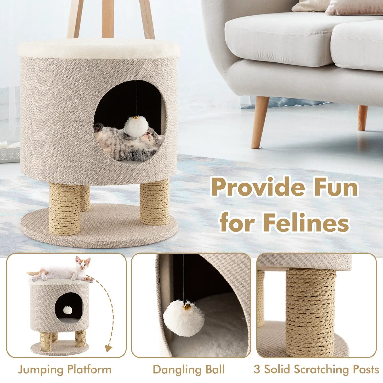 3-in-1 Cat Condo Stool Kitty Bed with Scratching Posts and Plush Ball Toy by DirectDeals