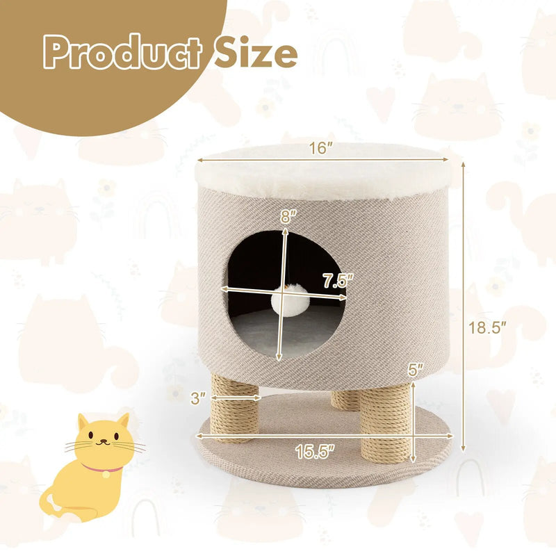 3-in-1 Cat Condo Stool Kitty Bed with Scratching Posts and Plush Ball Toy by DirectDeals