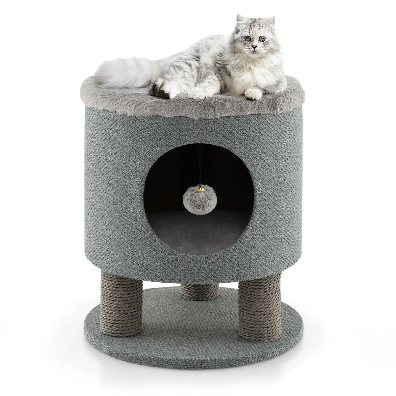 3-in-1 Cat Condo Stool Kitty Bed with Scratching Posts and Plush Ball Toy by DirectDeals