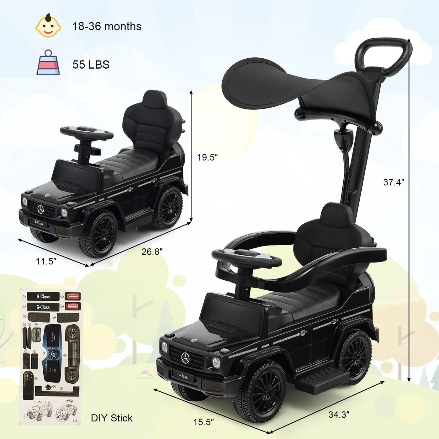 3-In-1 Ride on Push Car Mercedes Benz G350 Stroller Sliding Car with Canopy by DirectDeals