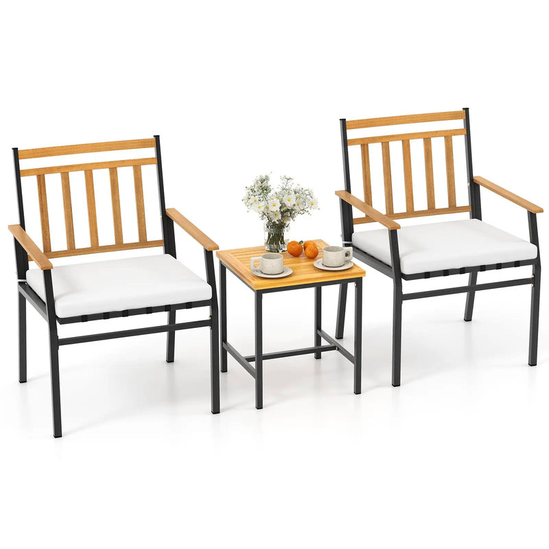 3 Pieces Outdoor Furniture Set Acacia Wood Patio Conversation Set with Cushions-White by DirectDeals