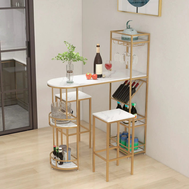 3 Pieces Bar Table Set with Storage Shelves and Wine Rack-Golden by DirectDeals