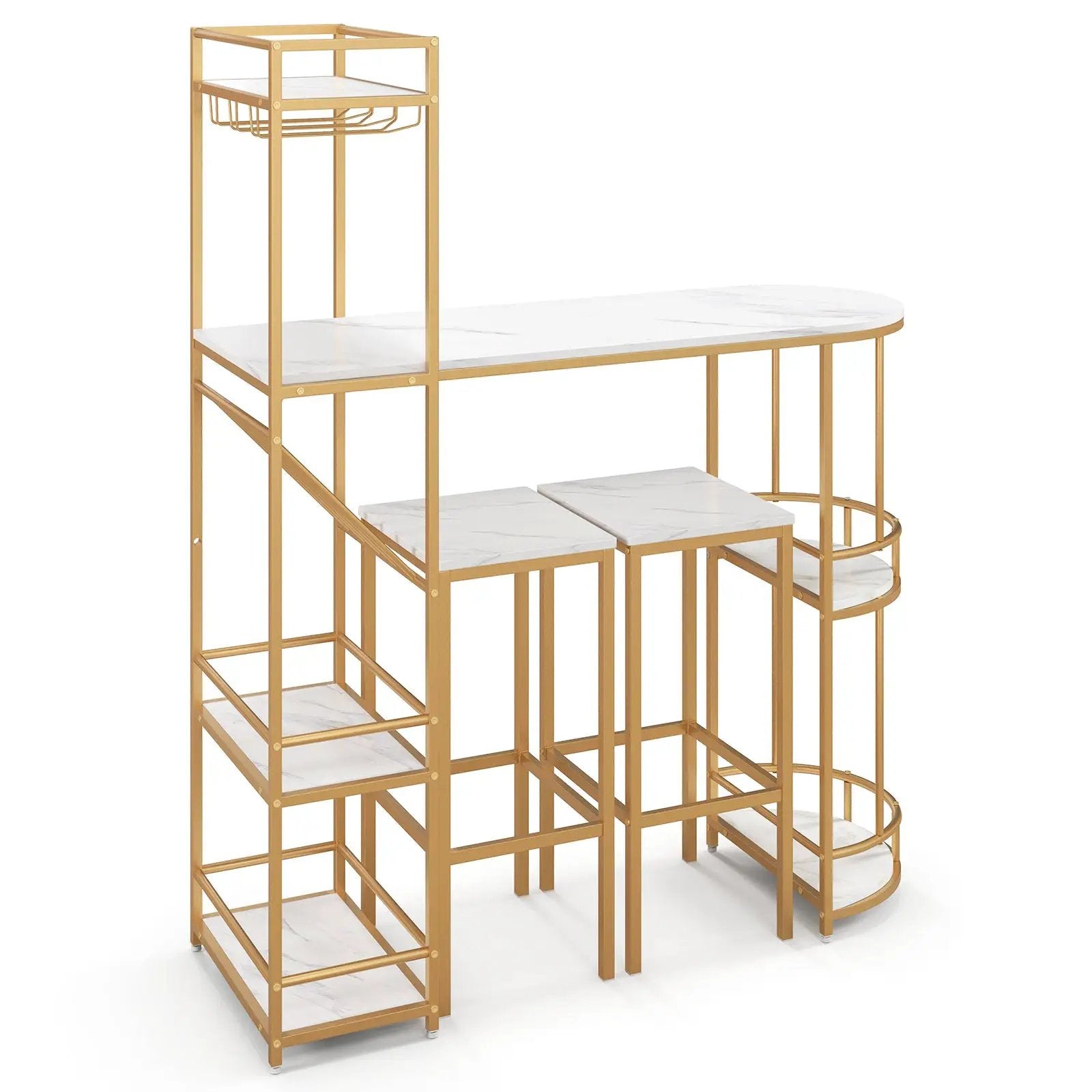 3 Pieces Bar Table Set with Storage Shelves and Wine Rack-Golden by DirectDeals