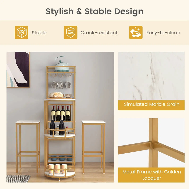 3 Pieces Bar Table Set with Storage Shelves and Wine Rack-Golden by DirectDeals