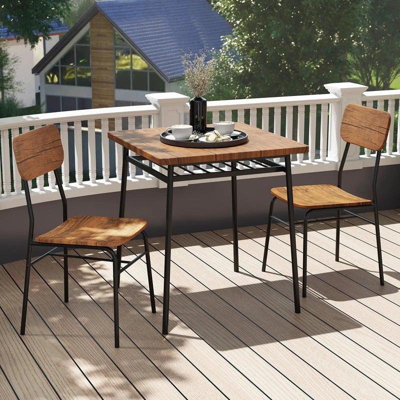 3 Piece Dining Table Set for 2 Wood Square Table with Metal Frame-Brown by DirectDeals
