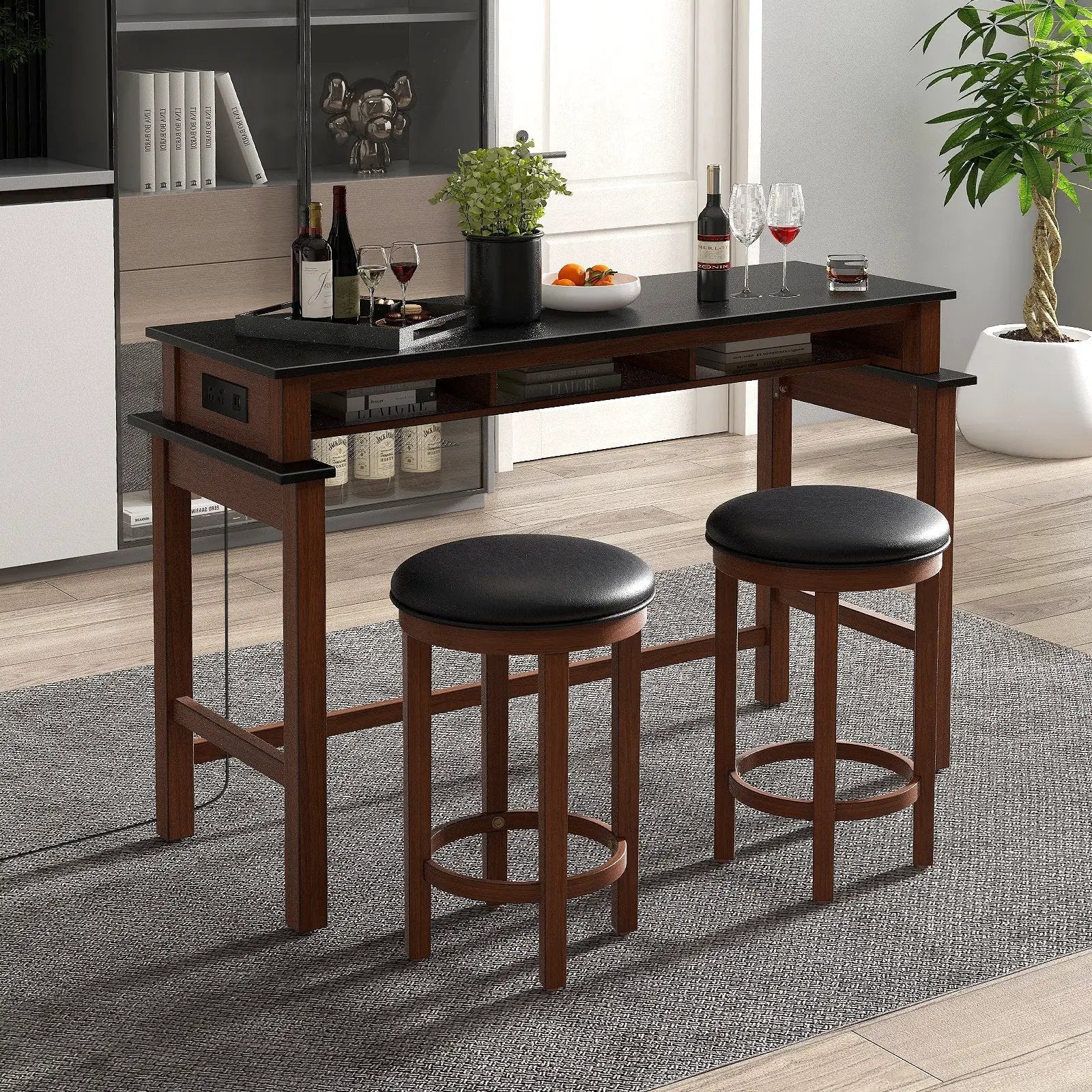 3-Piece Home Bar Set with 2 Upholstered Bar Stools Outlets and USB Ports by DirectDeals