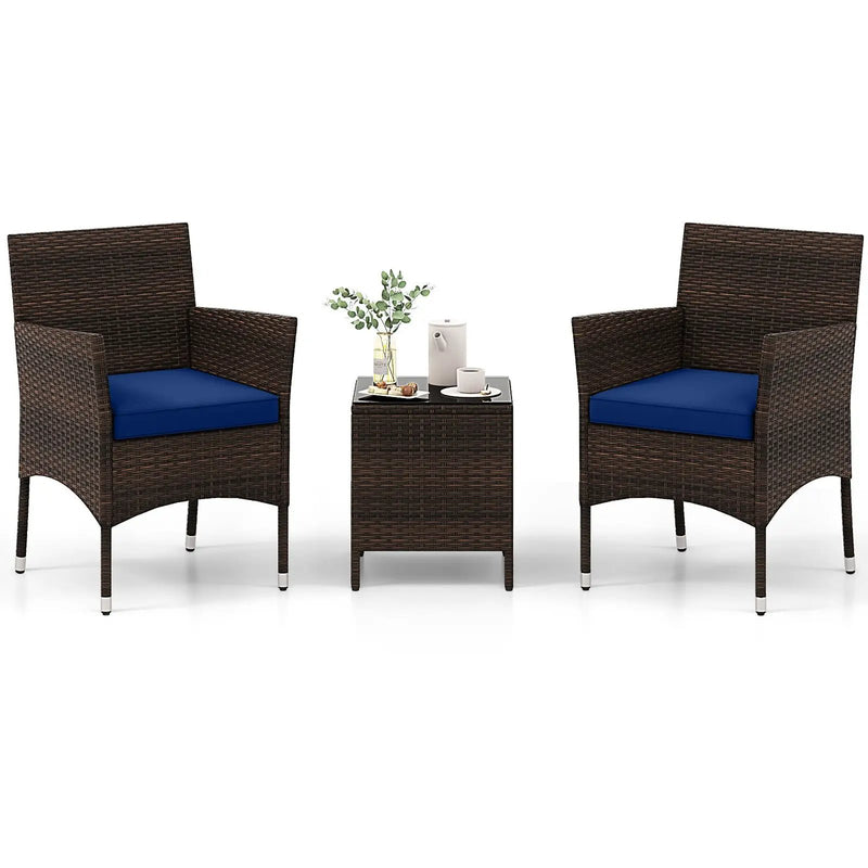 3 Pieces Outdoor Conversation Set with Cushioned Seat and Glass Tabletop by DirectDeals