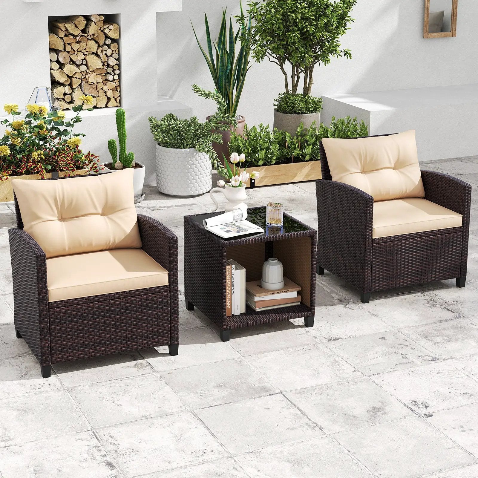 3 Piece Patio Sofa Set Wicker Chairs and Coffee Table with Storage-Beige by DirectDeals
