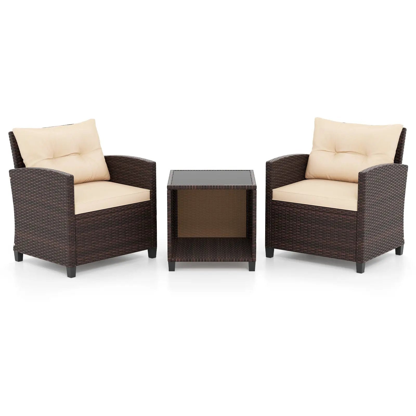 3 Piece Patio Sofa Set Wicker Chairs and Coffee Table with Storage-Beige by DirectDeals