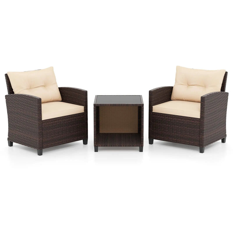 3 Piece Patio Sofa Set Wicker Chairs and Coffee Table with Storage-Beige by DirectDeals