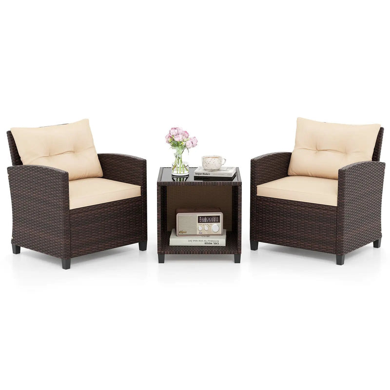 3 Piece Patio Sofa Set Wicker Chairs and Coffee Table with Storage-Beige by DirectDeals
